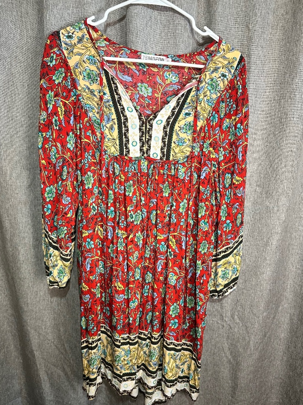 Temofon Red Floral Boho Peasant Dress Long Sleeve Mini Large